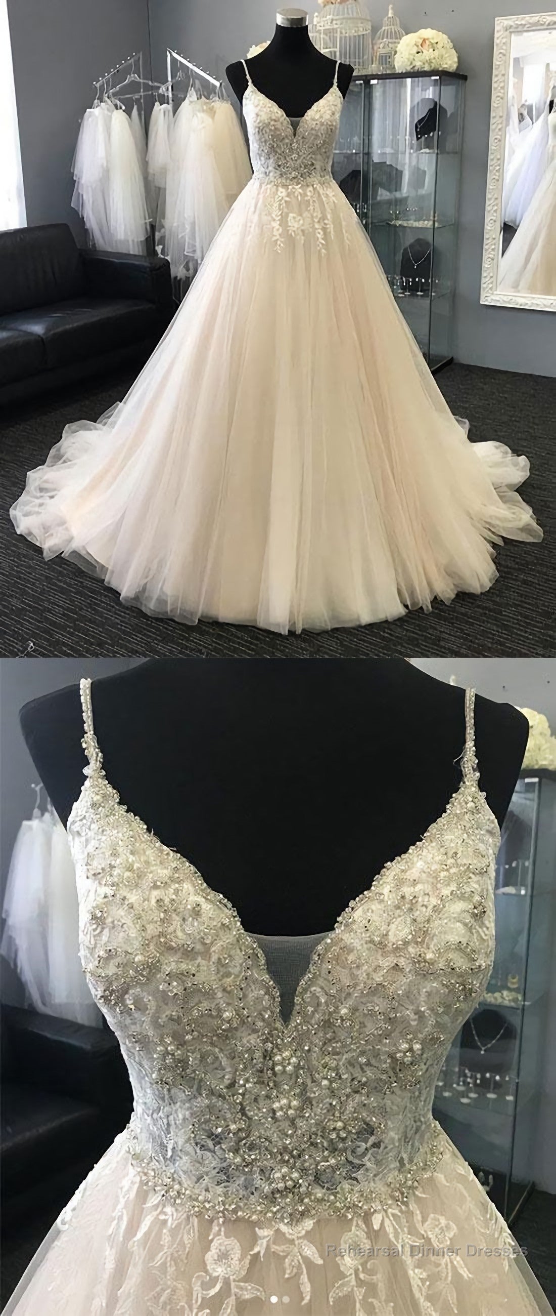 Light Champagne Tulle Lace Long Prom Dress, Champagne Evening Dress