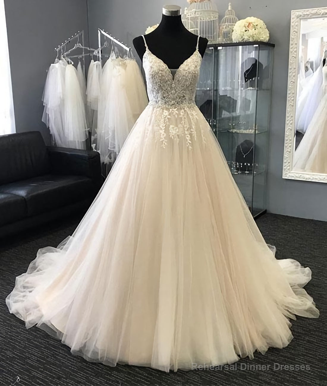 Light Champagne Tulle Lace Long Prom Dress, Champagne Evening Dress Secondary image