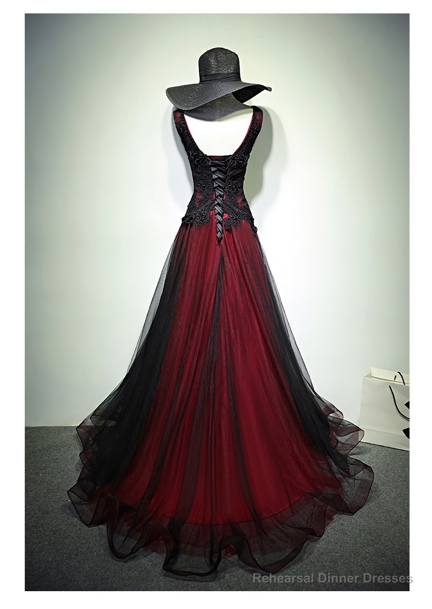 Gorgeous Black And Red V Neckline Tulle Beaded Prom Dress, Long Evening Gown Secondary image