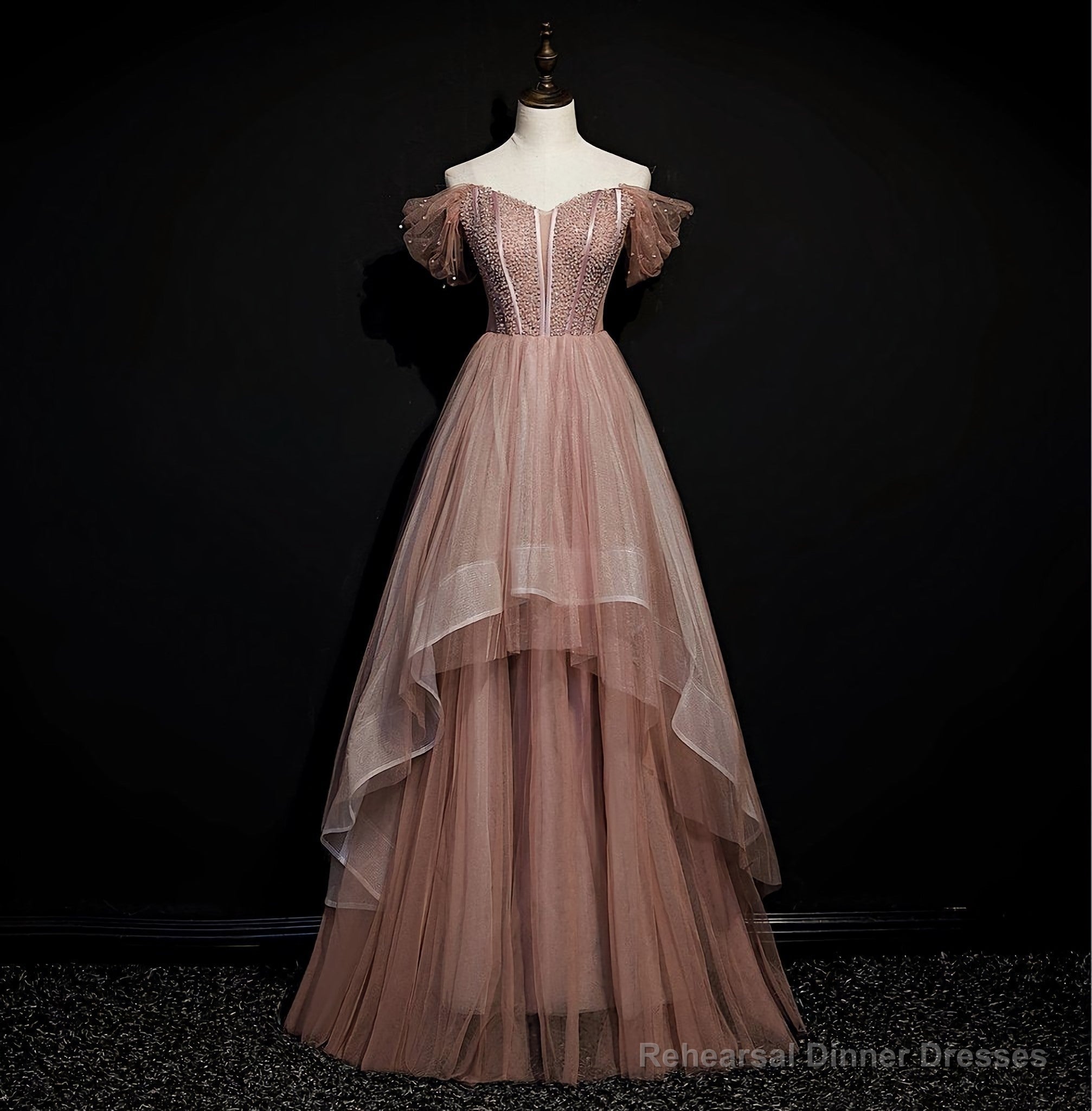 Dark Pink Tulle Beaded Layer Tulle Long Evening Dress, Charming Prom Dress Secondary image