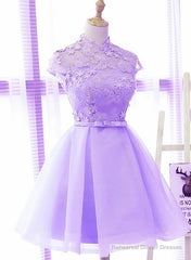 Cute High Neckline Lavender Short Graduation Dress, Homecoming Dress