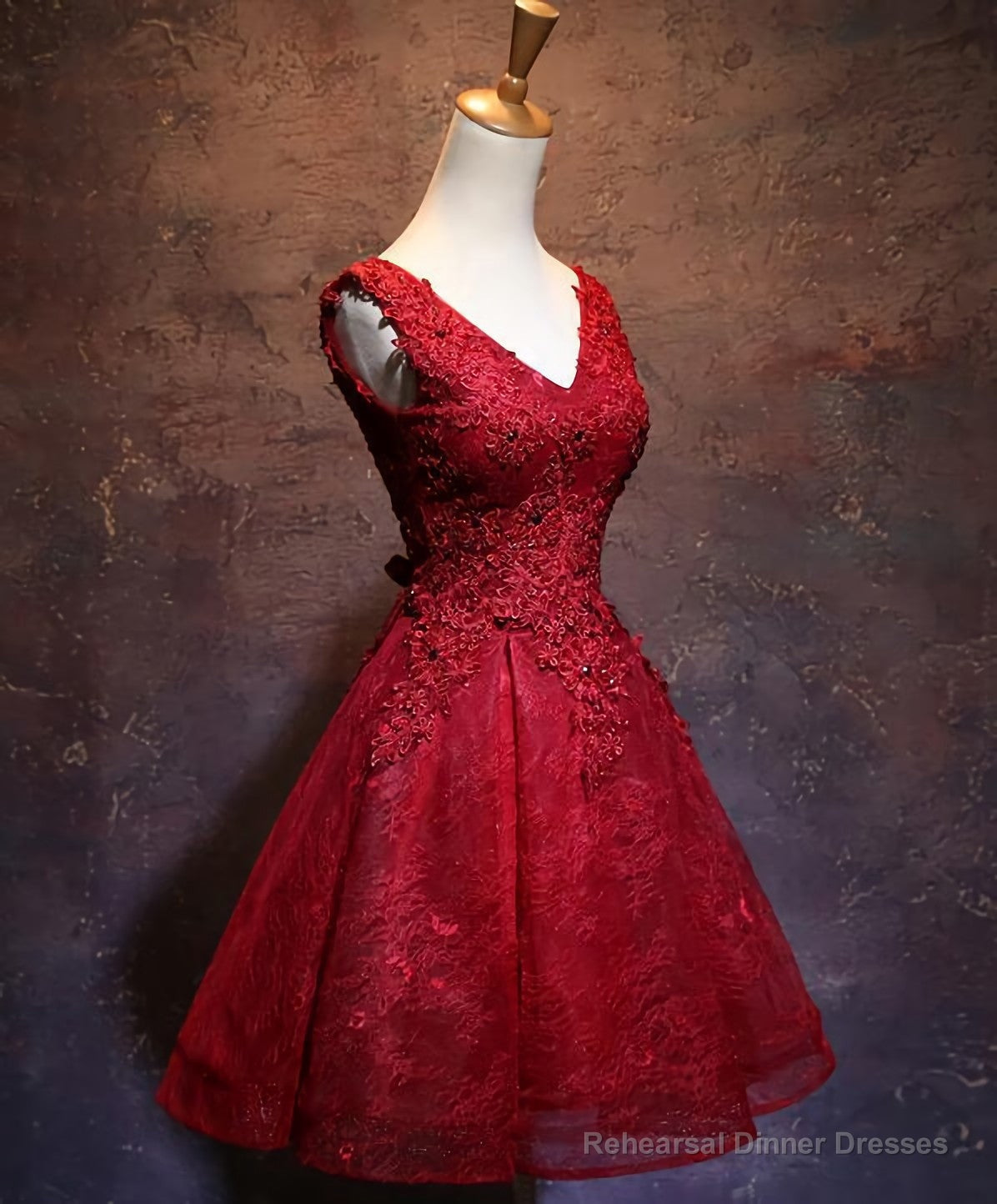 Wine Red Short Lace Cute Homecoming Dress, V Neckline Lace Up Teen Party Dress Main image