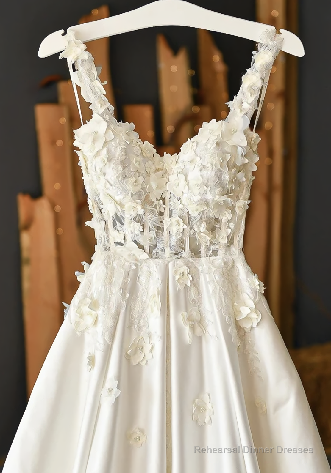 White Satin Applique Long Prom Dress, Evening Dress Main image