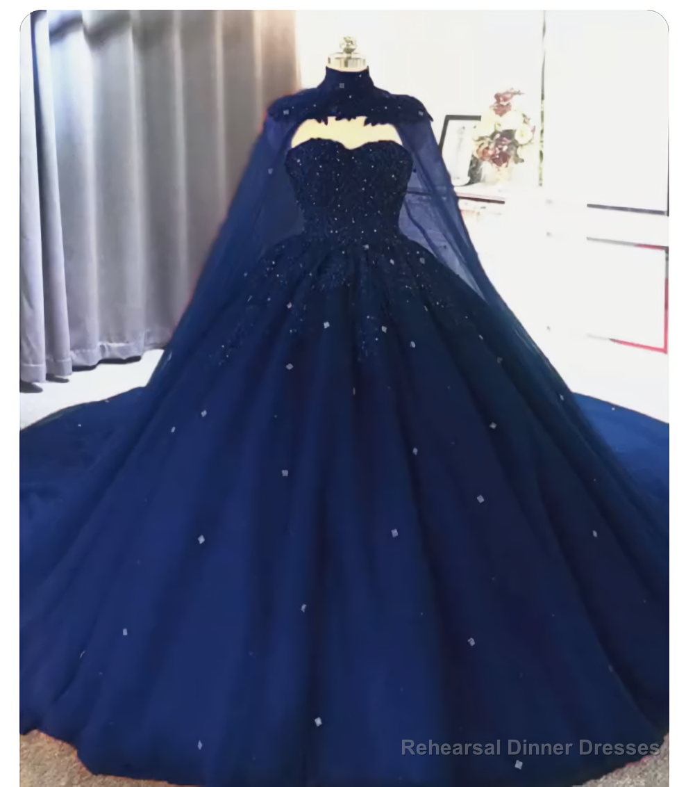 Elegant Lace Embroidery Tulle Beaded Quinceanera Dresses, Navy Blue Ball Gown Prom Dress, With Cape Secondary image