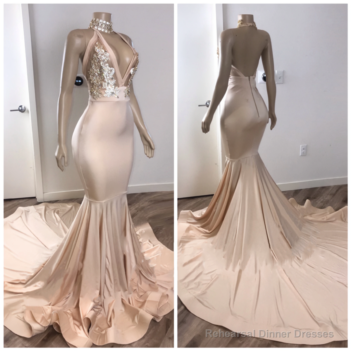 Black Girl Prom Dresses, Backless Champagne Pink Cheap Prom Dresses, With Appliques Main image