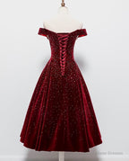 Beautiful Wine Red Tea Length Sweetheart Party Dress, Velvet Bridesmaid Dress, Prom Dress