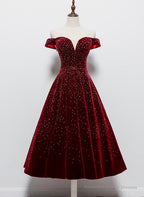 Beautiful Wine Red Tea Length Sweetheart Party Dress, Velvet Bridesmaid Dress, Prom Dress