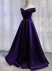 Simple Off Shoulder Satin Long Prom Dress, Dark Purple Party Dress Evening Gown