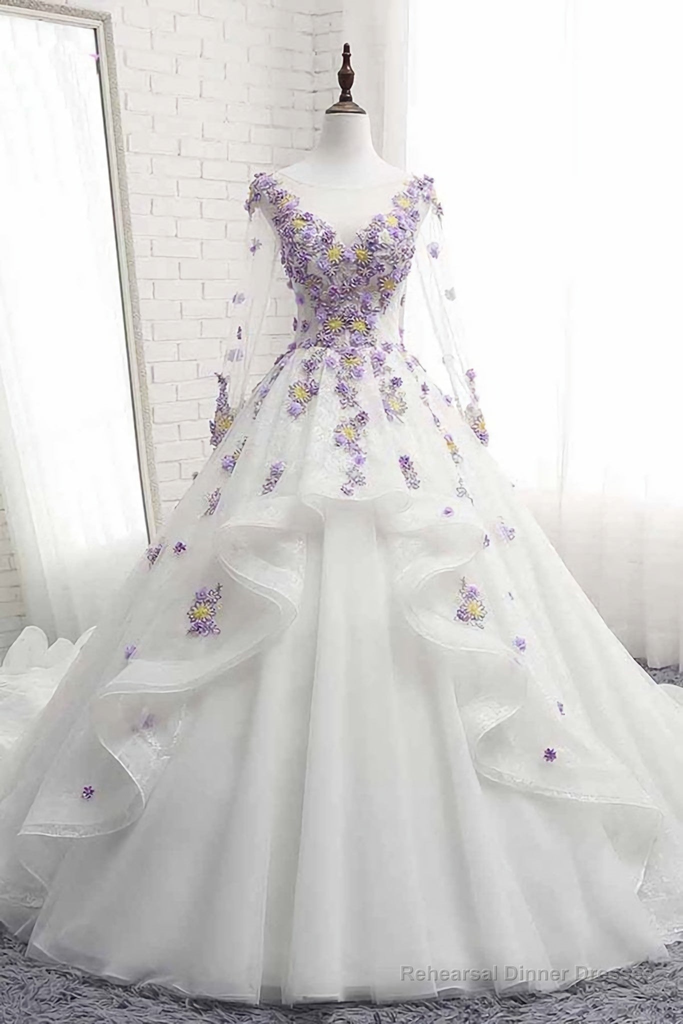 White Tulle Ruffles Long 3D Flower Lace Applique Prom Dress, Quinceanera Dress, With Sleeve Secondary image