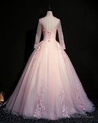 Pink Tulle Beaded Long Lace Applique Formal Prom Dress, Evening Dress, With Sleeve