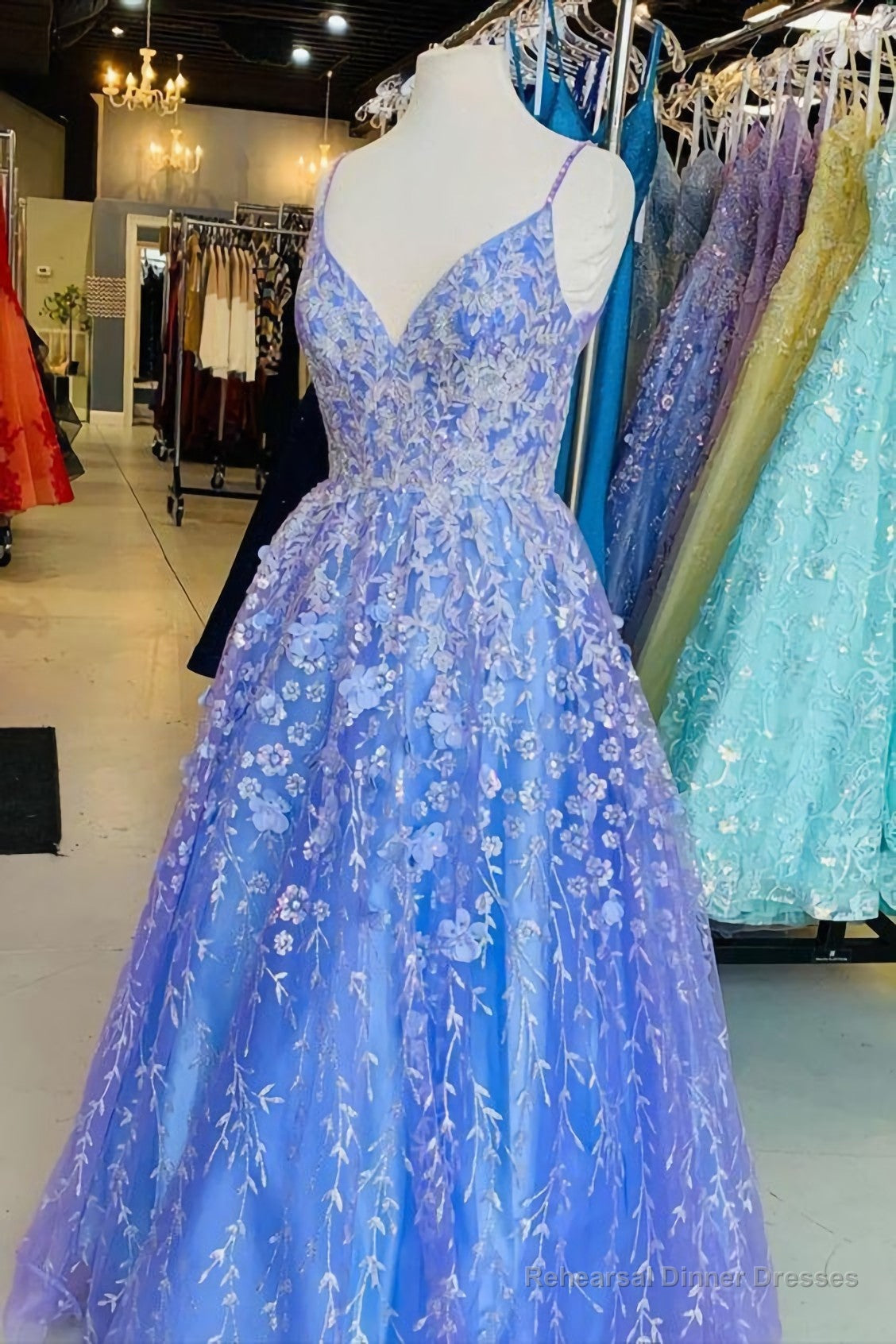 A Line Blue Lace Appliqued Long Formal Dress, Prom Dresses Main image