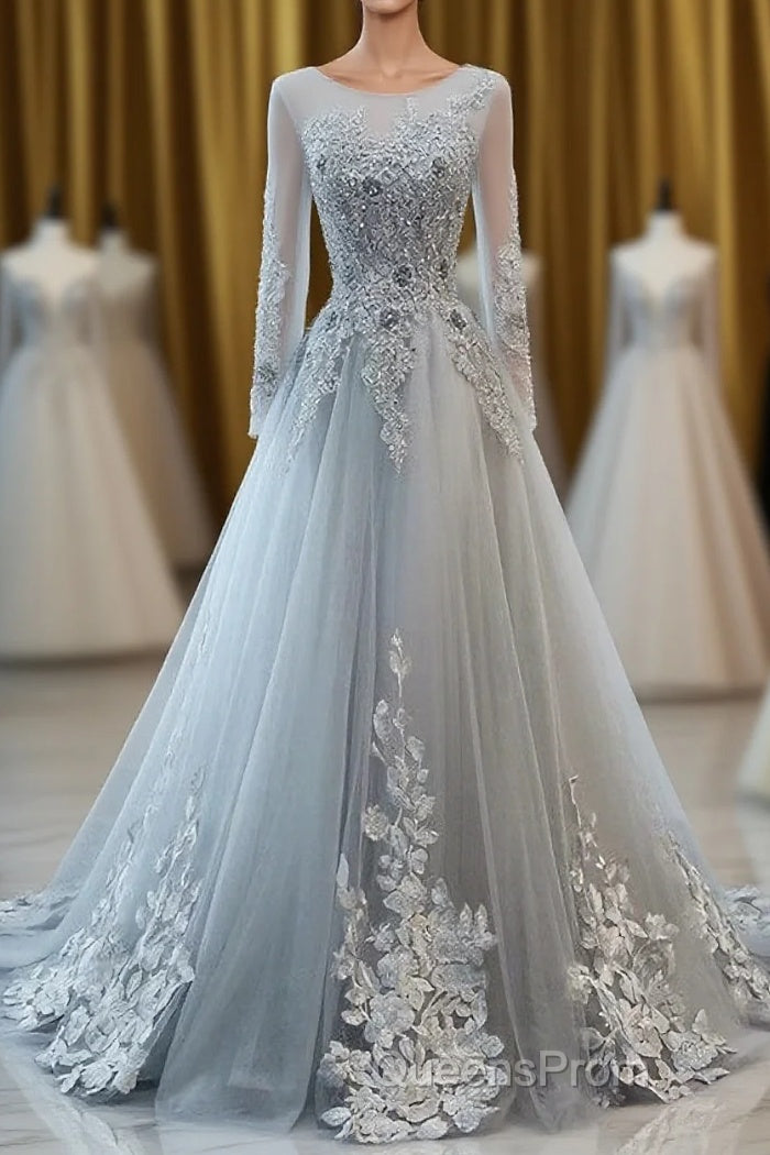 Grey Long Sleeves V Neckline Tulle Evening Prom Dress, A Line Floor Length Party Dress Main image