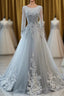 Grey Long Sleeves V Neckline Tulle Evening Prom Dress, A Line Floor Length Party Dress