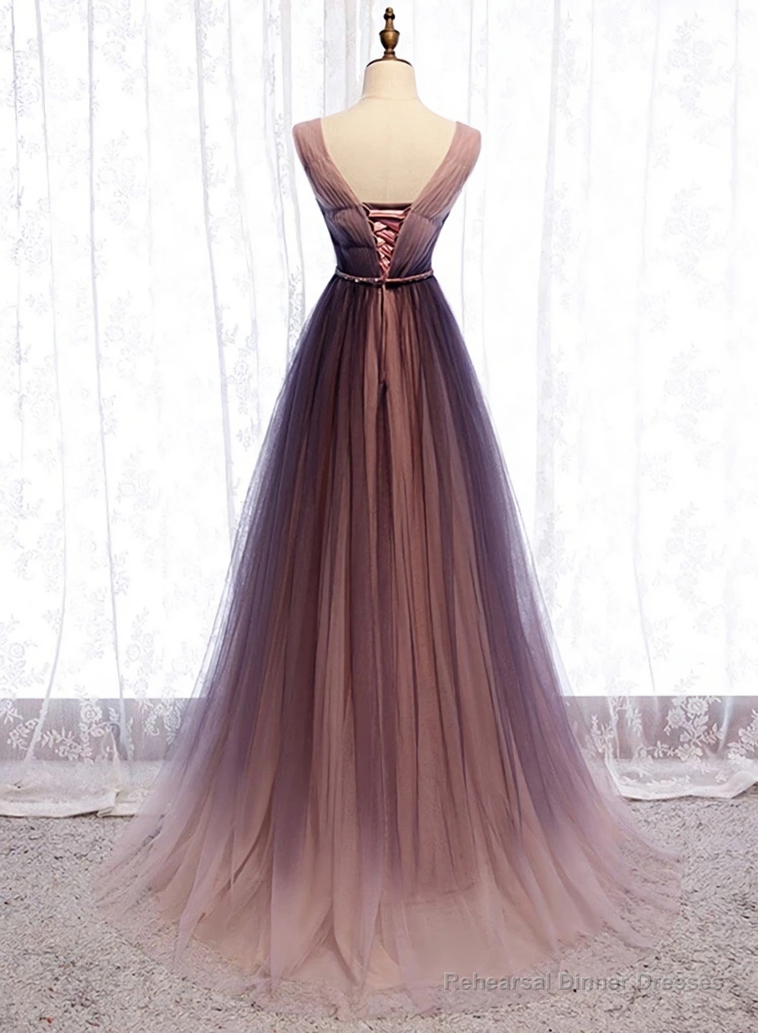 Spring Long V Neck A Line Dress, Halter Beaded Evening Dress, Prom Dresses Main image