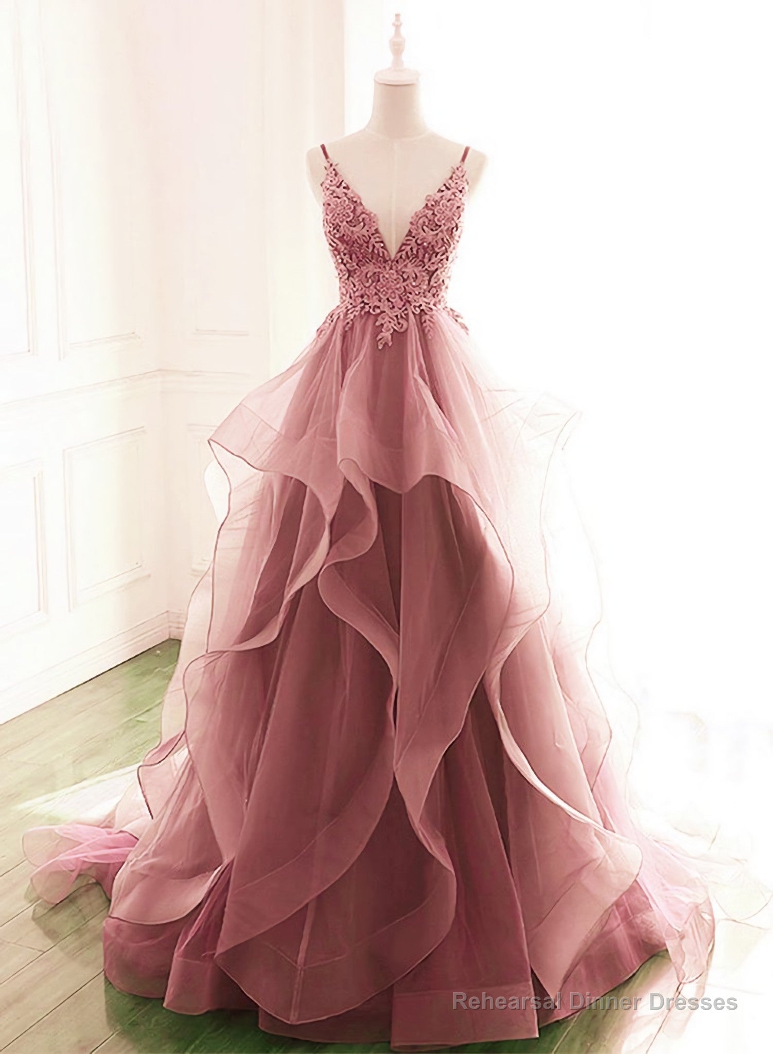 Dark Pink V Neck Tulle Lace Prom Dress, Spaghetti Strap Prom Dress, Ruffle A Line Formal Dress Secondary image