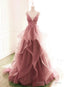 Dark Pink V Neck Tulle Lace Prom Dress, Spaghetti Strap Prom Dress, Ruffle A Line Formal Dress