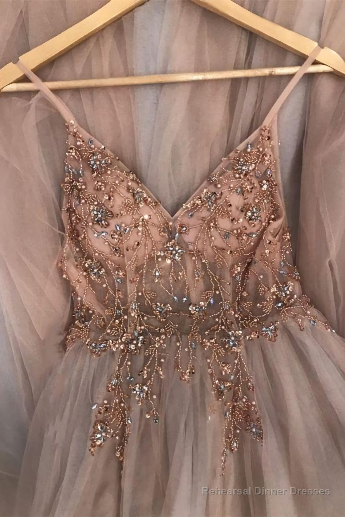 Prom Dress, Straps A Line Beading Rose Wood Prom Dress, With Crystal Main image