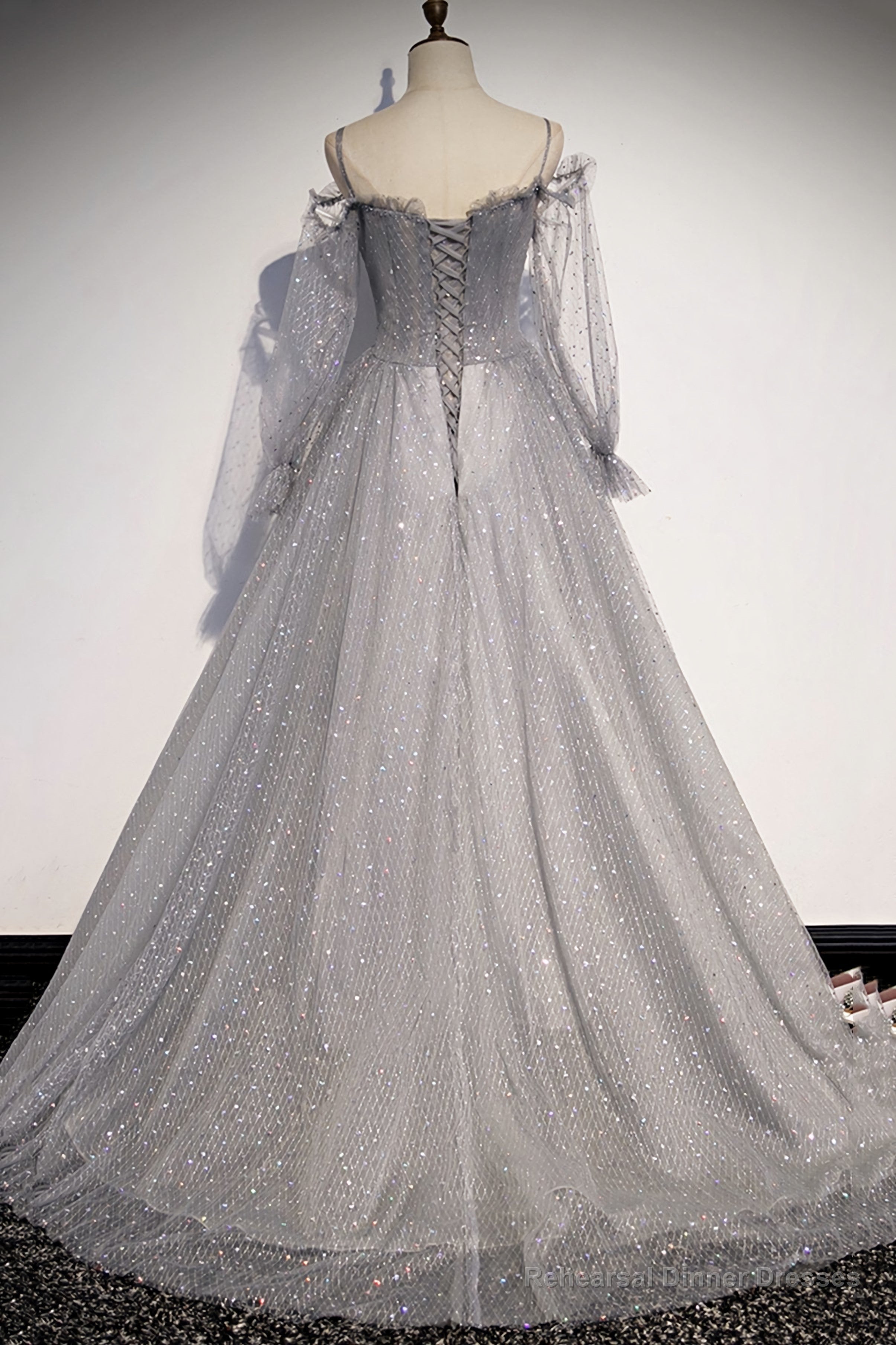 Gray Tulle Sequins Long A Line Prom Dress, Evening Dress Main image
