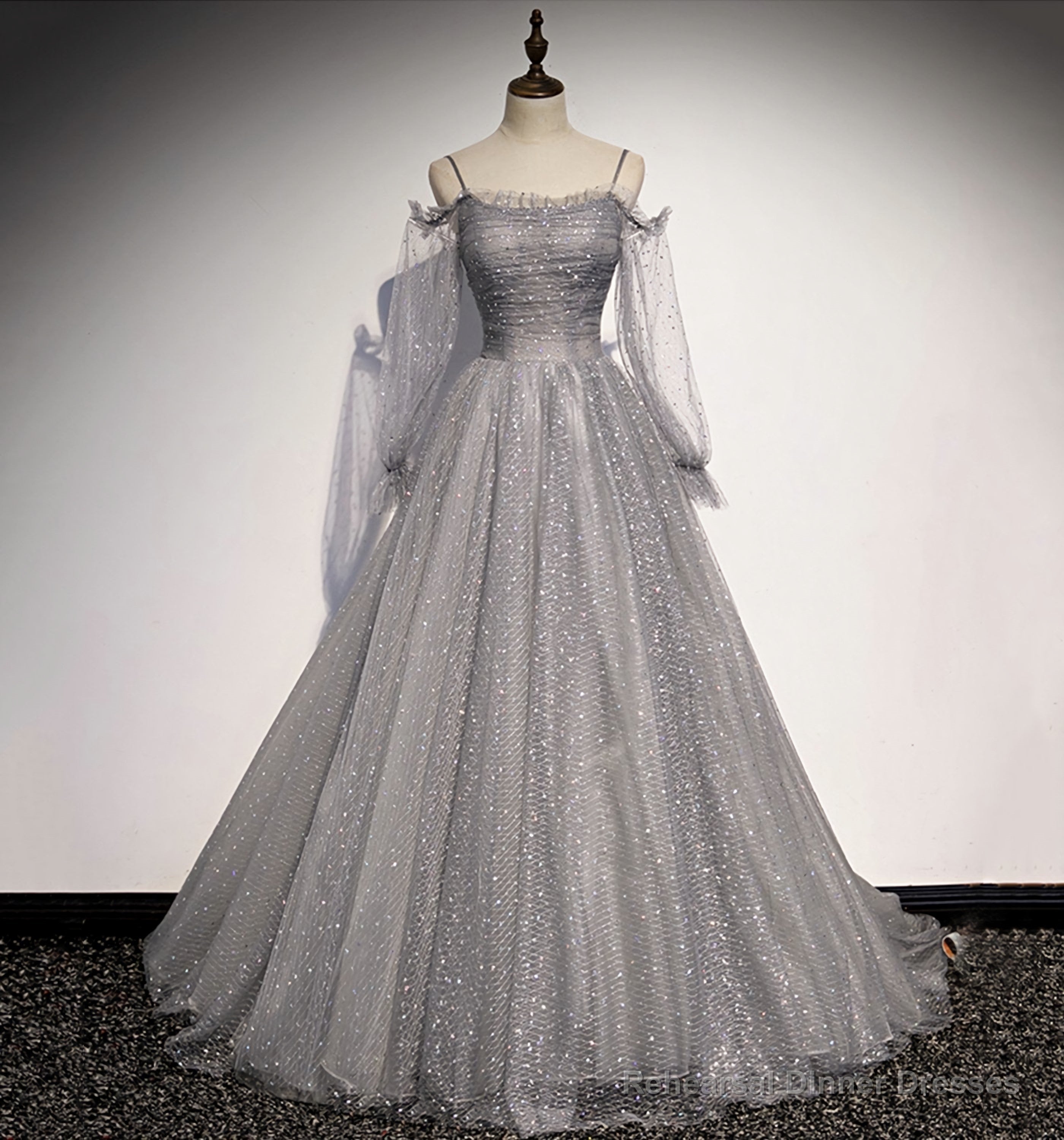 Gray Tulle Sequins Long A Line Prom Dress, Evening Dress Secondary image