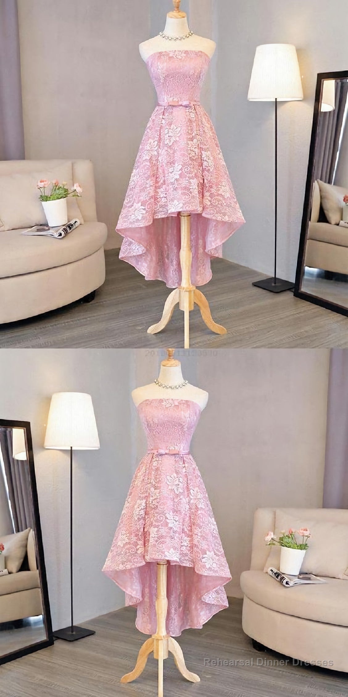 Nice Pink High Low Lace Dress, Pink High Low Dress, Lace Dress, Homecoming Dress Secondary image