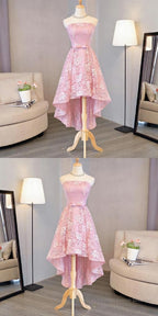 Nice Pink High Low Lace Dress, Pink High Low Dress, Lace Dress, Homecoming Dress