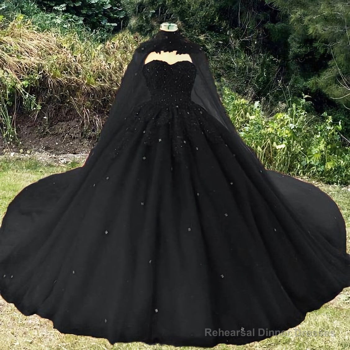 Vintage Black Wedding Dress, Ball Gown For Gothic Weddings With Cape Prom Dress, Evening Dress Main image
