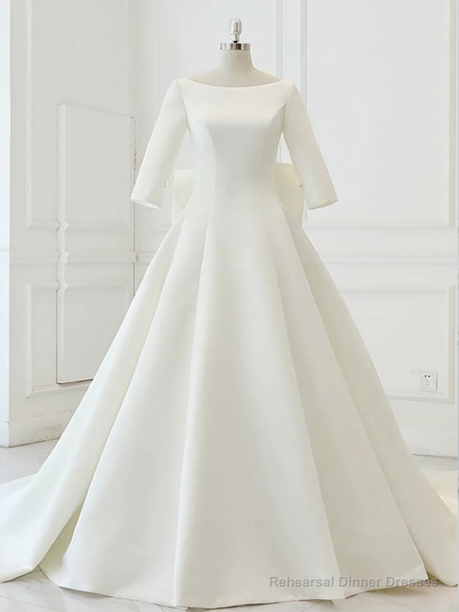 White Satin Backless 3/4 Sleeve Wedding Dress, Party Prom Dresses Main image