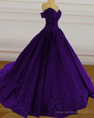 Purple Wedding Dresses, Lace Ball Gown Prom Dress, Off The Shoulder For Women