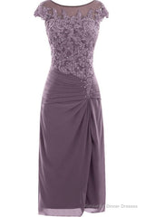 knee length mauve tight chiffon mother of the bride/prom dress with cap sleeves