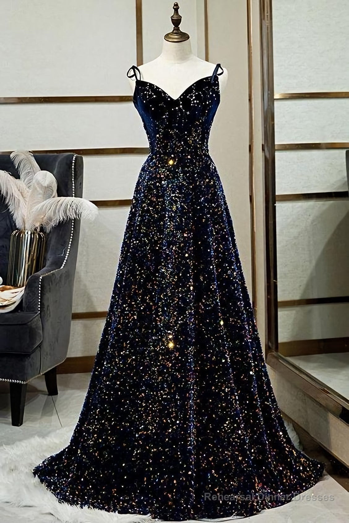 Sparkly A Line Spaghetti Straps Lace Up Back Long Prom Dresses, Evening Party Dresses Main image
