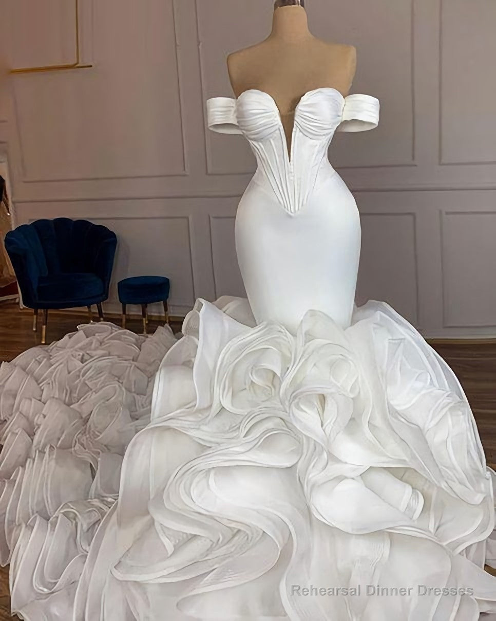 Elegant Mermaid African Women Wedding Dresses 2025 Off The Shoulder Ruffles High Quality Satin Birdal White Wedding Gowns Prom Dresses Main image