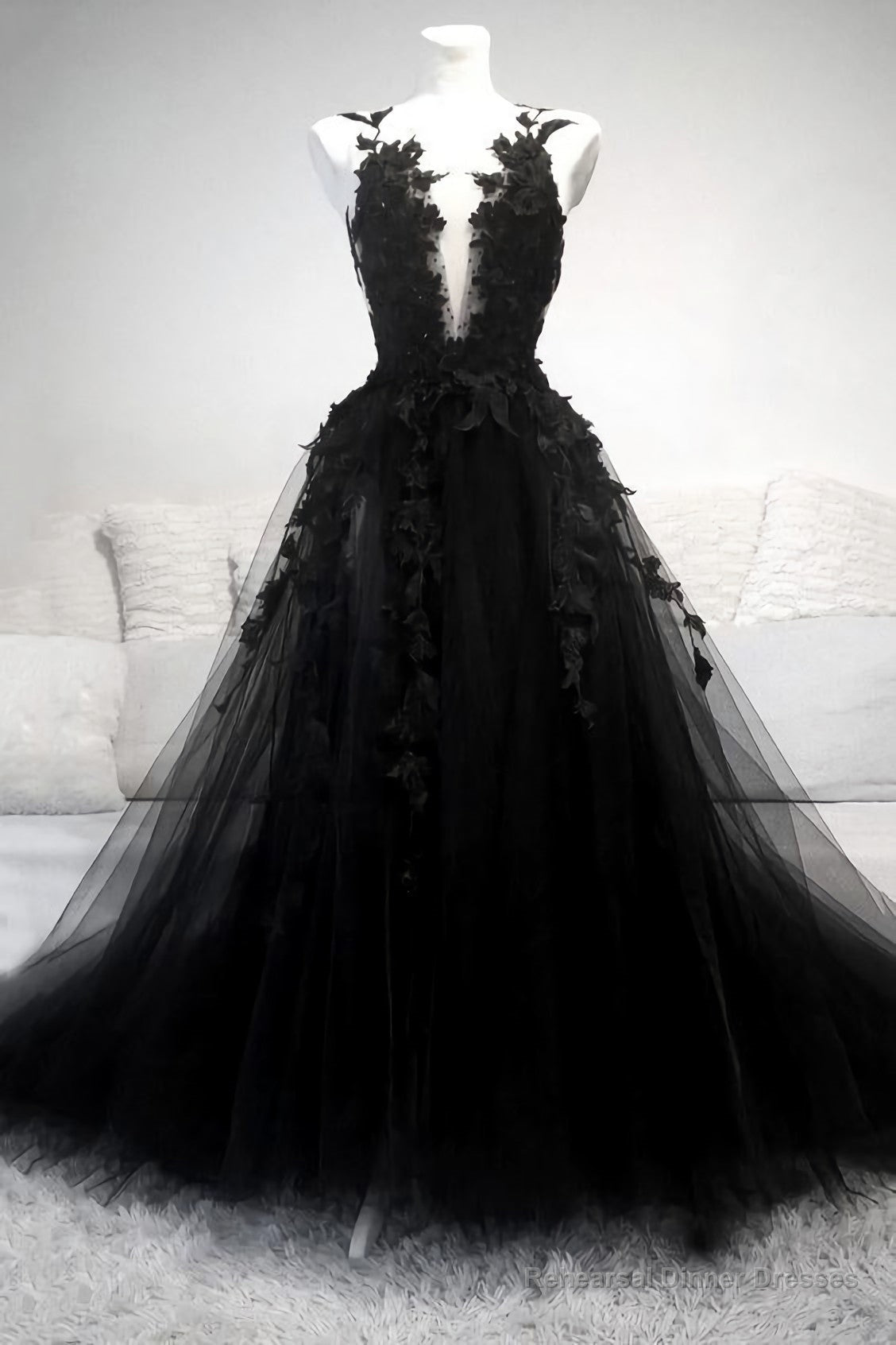 Black V Neck Lace Long Prom Dress, A Line Evening Dress Main image