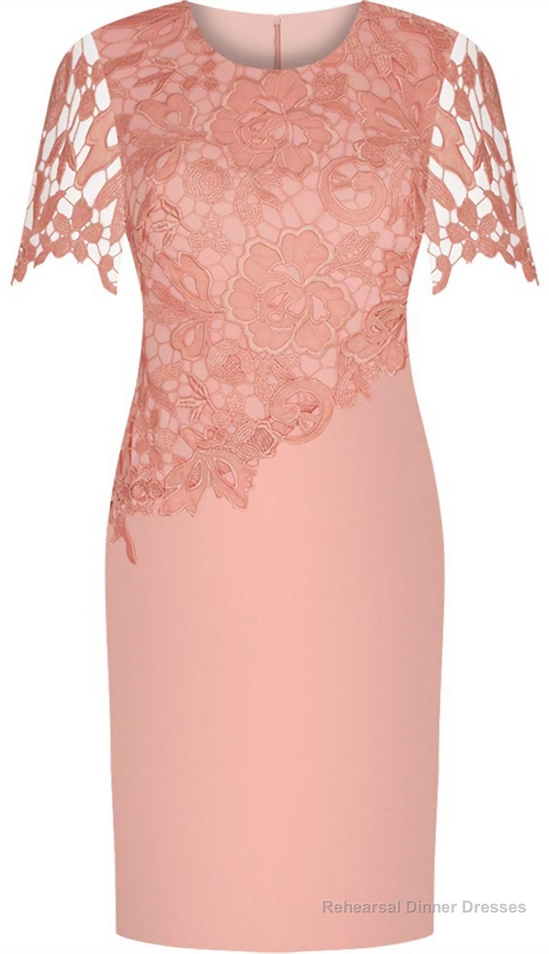 Sheath Round Neck Short Sleeves Prom Elastic Satin Short Mother Of The Bride Dress, With Lace Main image
