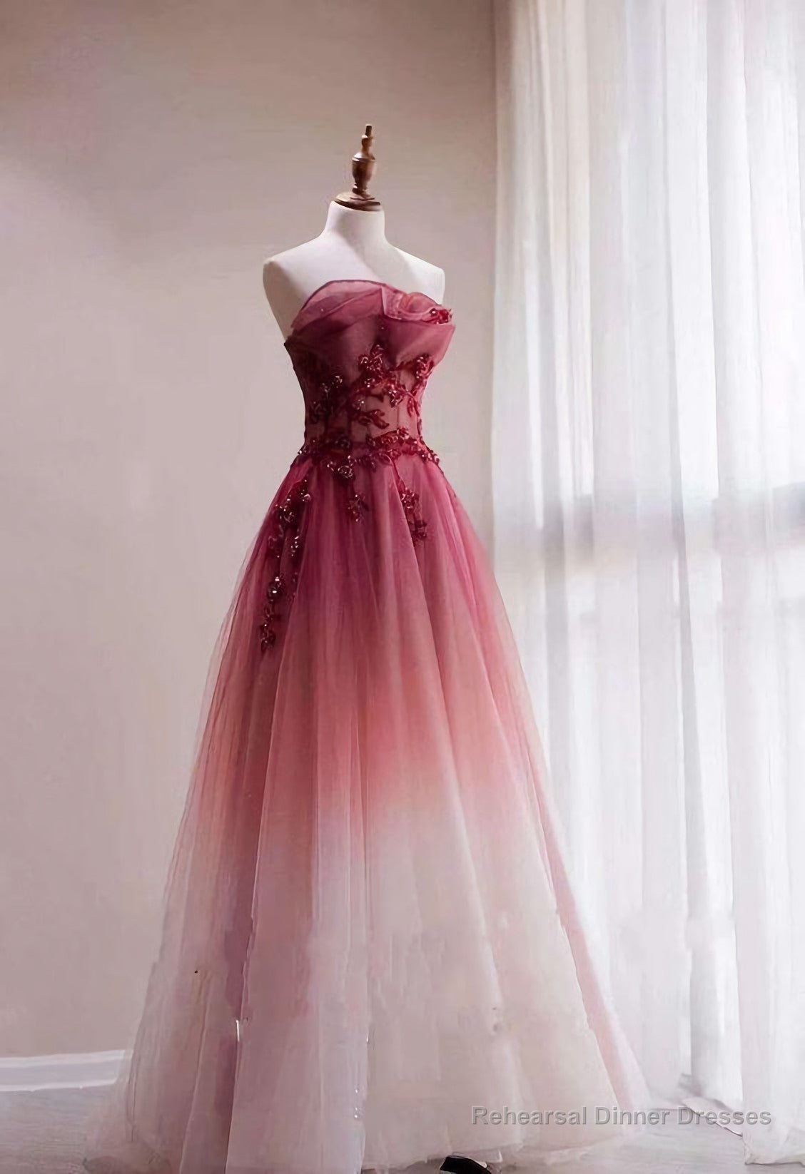 Red Gradient Prom Dress, Vintage Wedding Dress, Red Strapless Party Dress, With Beaded Bridal Dress Main image