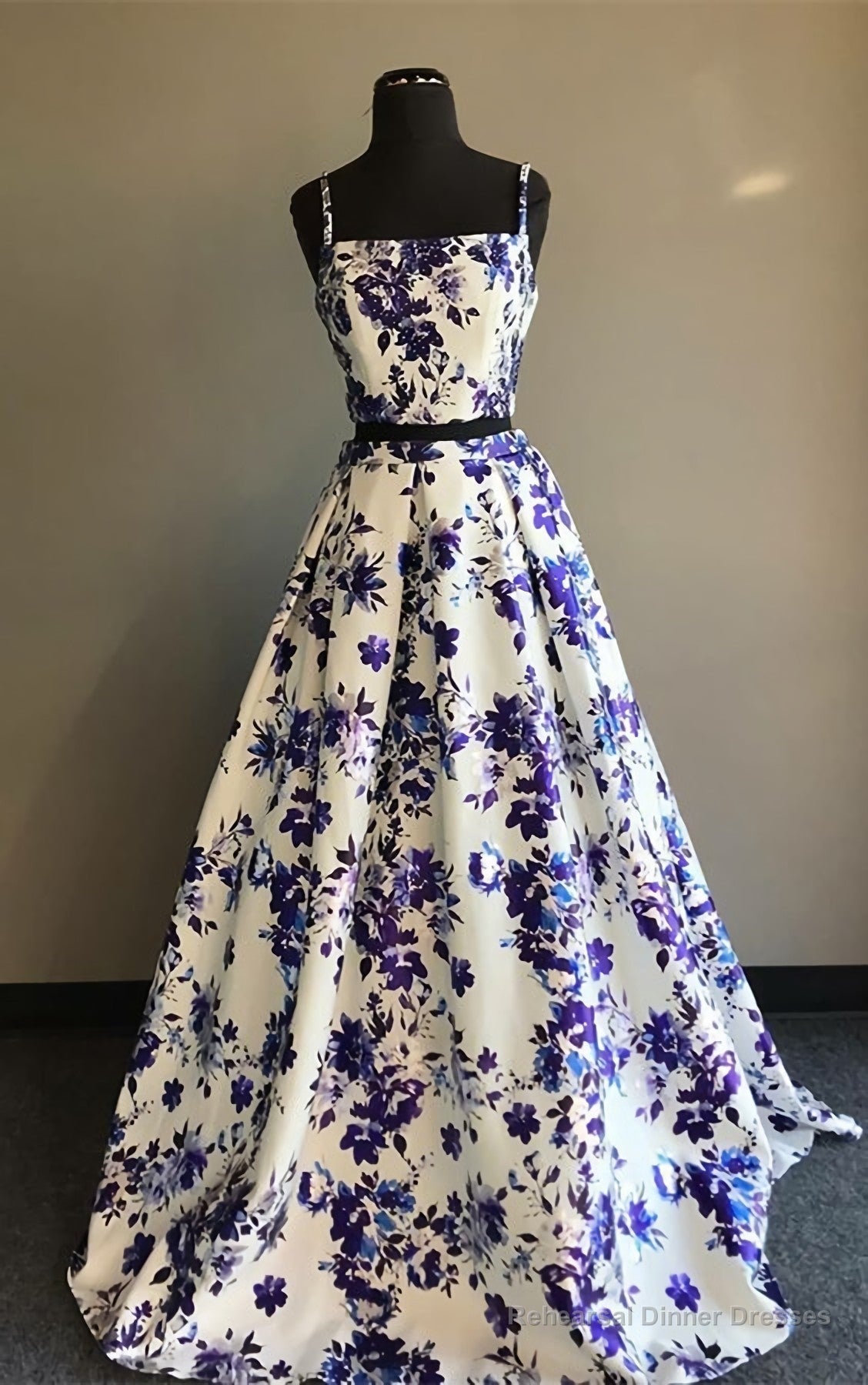 Two Piece Spaghetti Straps Floor Length White Printed Prom Dress Main image
