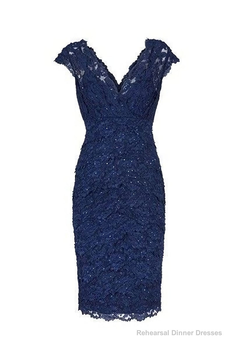 Sexy V Neck Navy Blue Lace Short Mother Of The Bride Dress, Homecoming Dress Main image
