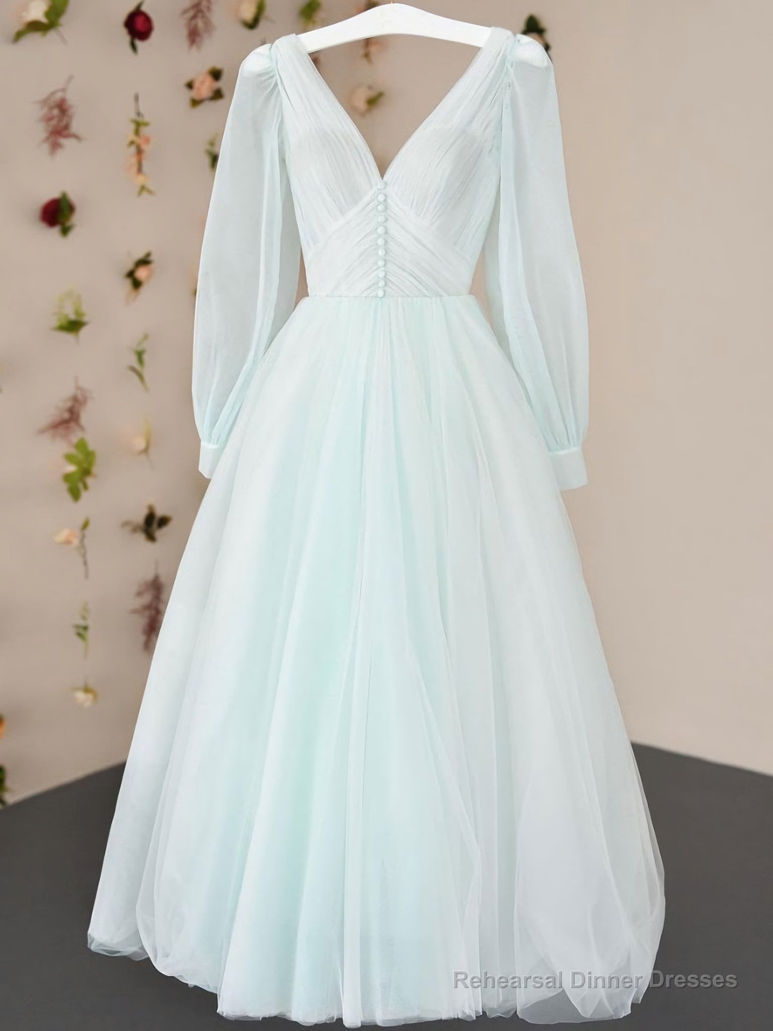 Simple V Neck Tulle Tea Length Prom Dress, Tulle Formal Dress Main image