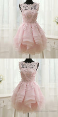 Pink Appliques Organza Tiered Short Homecoming Dress, Simple Homecoming Dresses