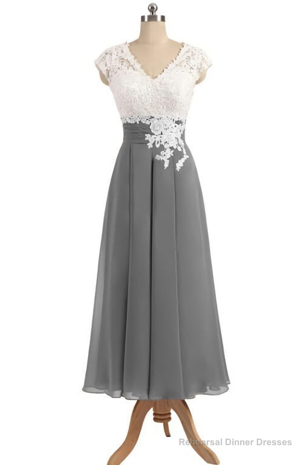Ankle Length V Neck Cap Sleeves Silver Gray Mother Of The Bride Dresses, Prom Dress, With Appliques Main image