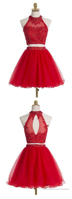 Two Piece Scoop Short Red Organza Beaded Homecoming Dress, With Appliques Sequins