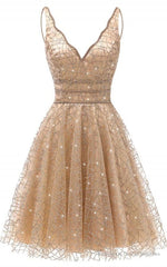 A Line V Neck Knee Length Gold Sequins Homecoming Dress, With Beading
