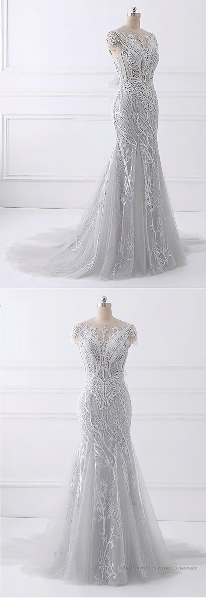 Spring Gray Tulle Long Mermaid Prom Dress, Beaded Lace Evening Gown Main image