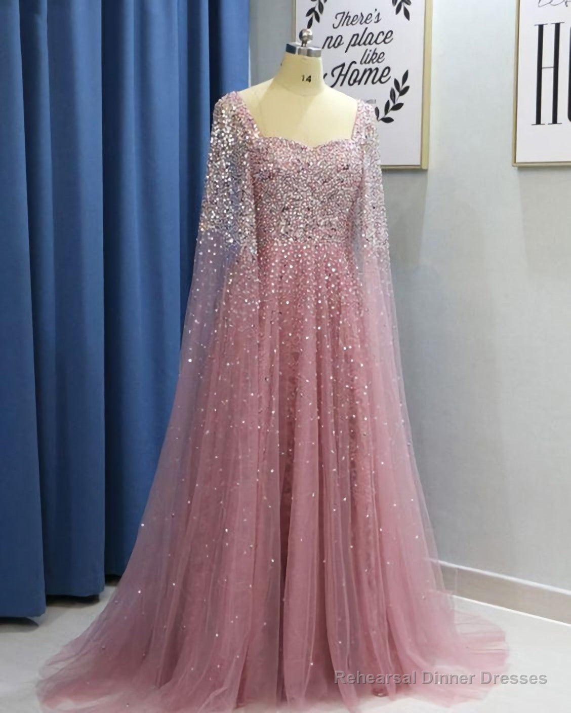 Pink Tulle Open Back Long Sleeve Sequins Evening Dress, Formal Prom Dress Secondary image