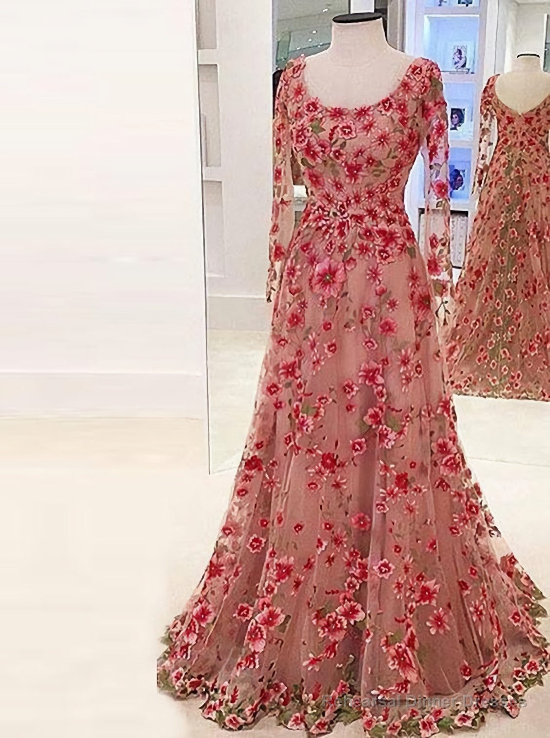 A Line Scoop Long Sleeves Champagne Floral Lace Formal Prom Dress Main image