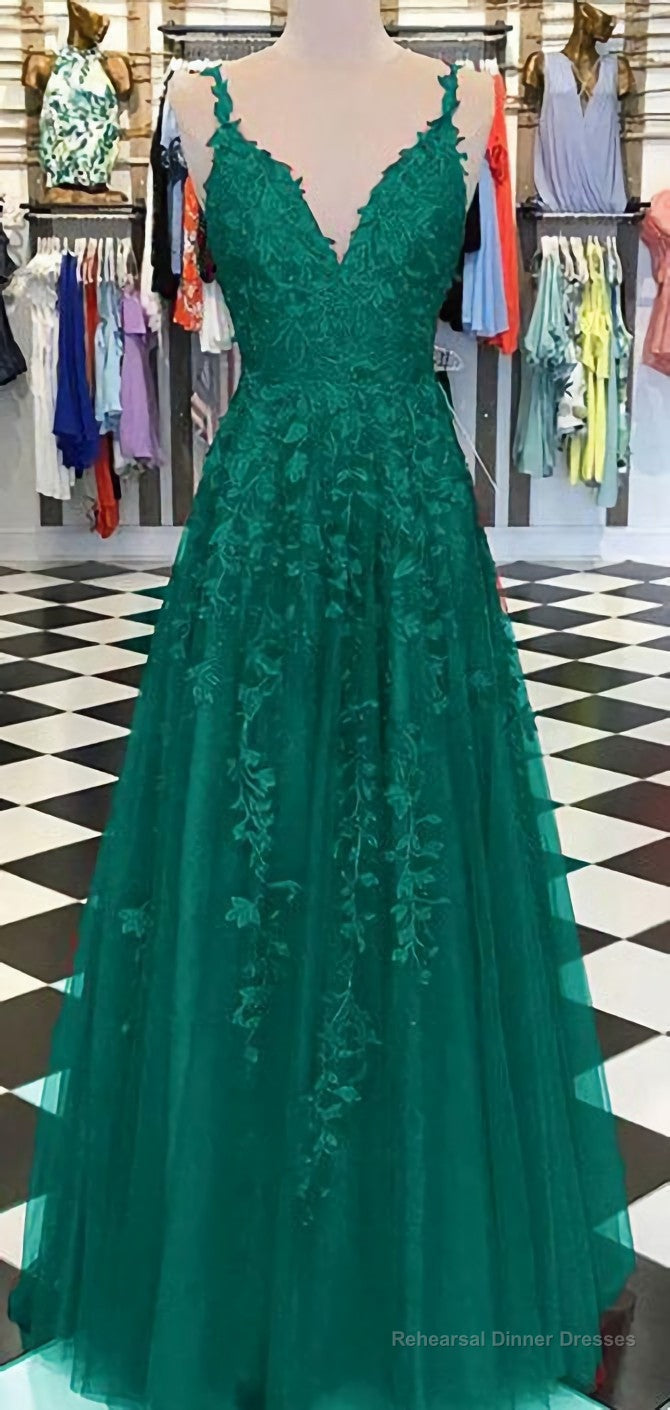 Chic A Line Prom Dress, Spaghetti Straps Applique Red Prom Dresses, Evening Dress Main image