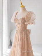 Chamapgne Beaded Short Sleeves Tulle A-line Evening Prom Dress, Champagne Party Dress