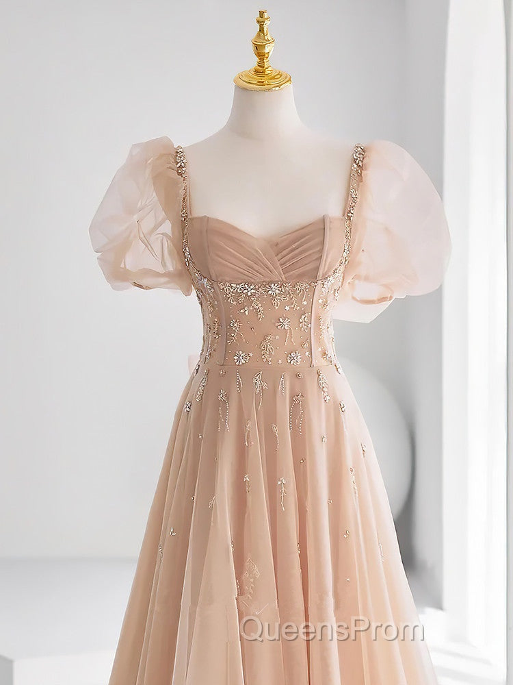 Chamapgne Beaded Short Sleeves Tulle A-line Evening Prom Dress, Champagne Party Dress