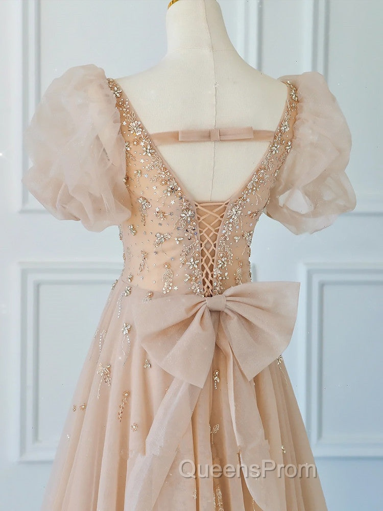 Chamapgne Beaded Short Sleeves Tulle A-line Evening Prom Dress, Champagne Party Dress