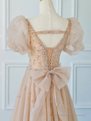 Chamapgne Beaded Short Sleeves Tulle A-line Prom Dress, Champagne Party Dress