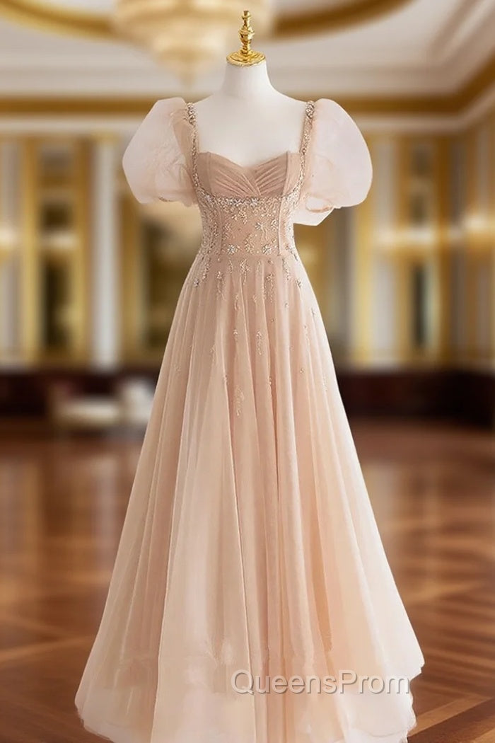 Chamapgne Beaded Short Sleeves Tulle A-line Evening Prom Dress, Champagne Party Dress Main image